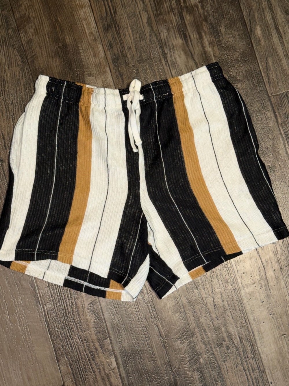 Striped Drawstring Athletic Shorts - Black, White & Mustard